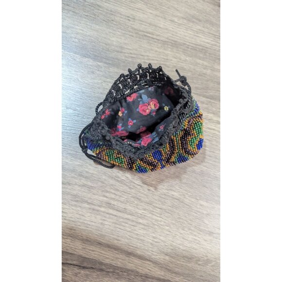 Beaded  Woven Drawstring Pouch Lot 2 Unique Bags Fringed & Patterned Small Vinta - Picture 6 of 10